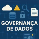Imagem com ícones de nuvem, cadeado, alerta e documentos, e o texto "Governança de Dados" ao centro.