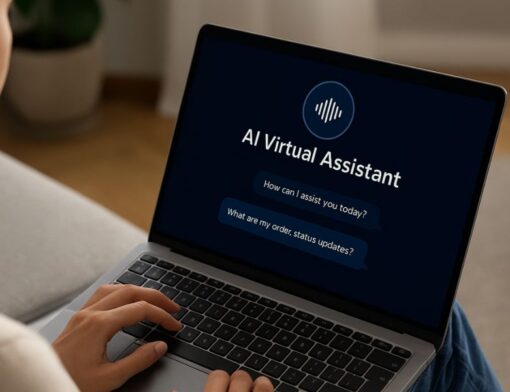 Mulher usando o notebook com a tela mostrando conversa com assistente virtual