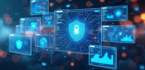 Painéis digitais com escudo de segurança.